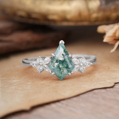 Blossom Kite Cut 2 Carat Moss Agate Ring Nature Inspired Cluster Leaf Ring