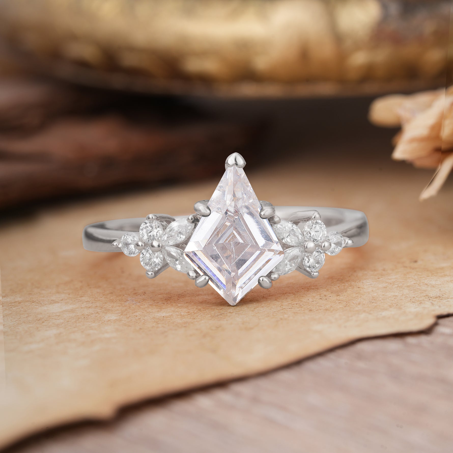 Blossom Kite Cut 2 Carat Lab Diamond Ring Nature Inspired Cluster Leaf Ring     - Additional view