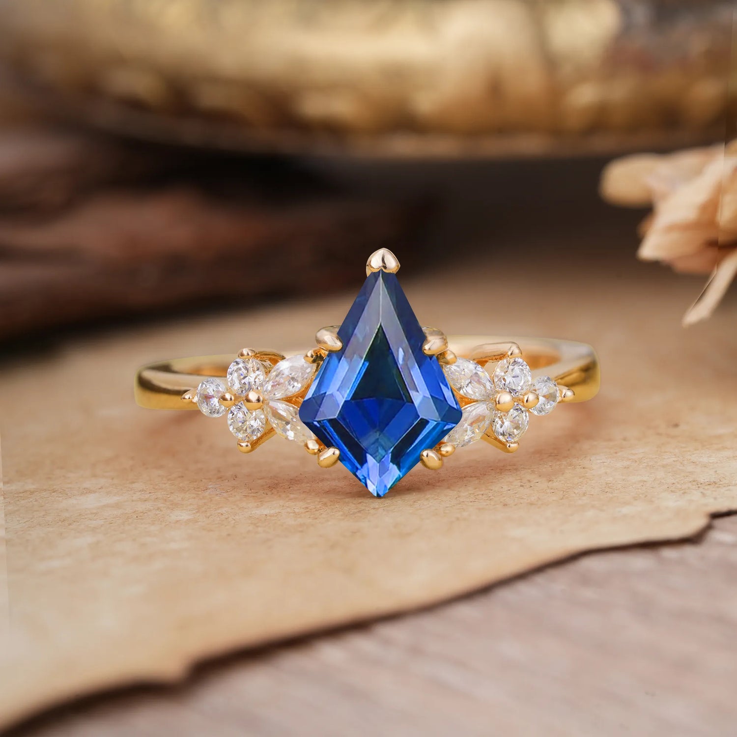 Blossom Kite Cut 2 Carat Sapphire Engagement Ring Nature Inspired Cluster Leaf Ring