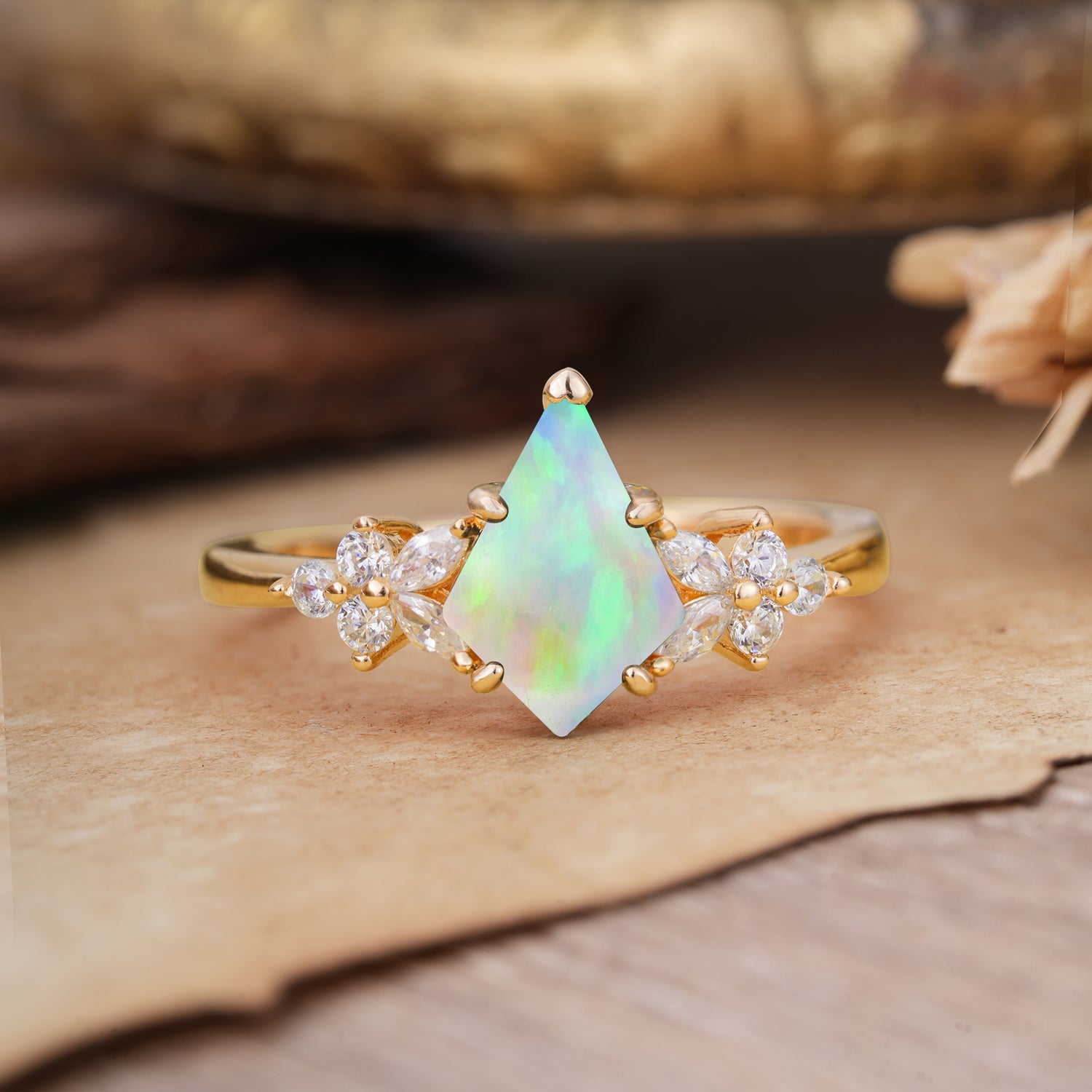 Blossom Kite Cut 2 Carat Fire Opal Ring Nature Inspired Cluster Leaf Ring     - Additional view