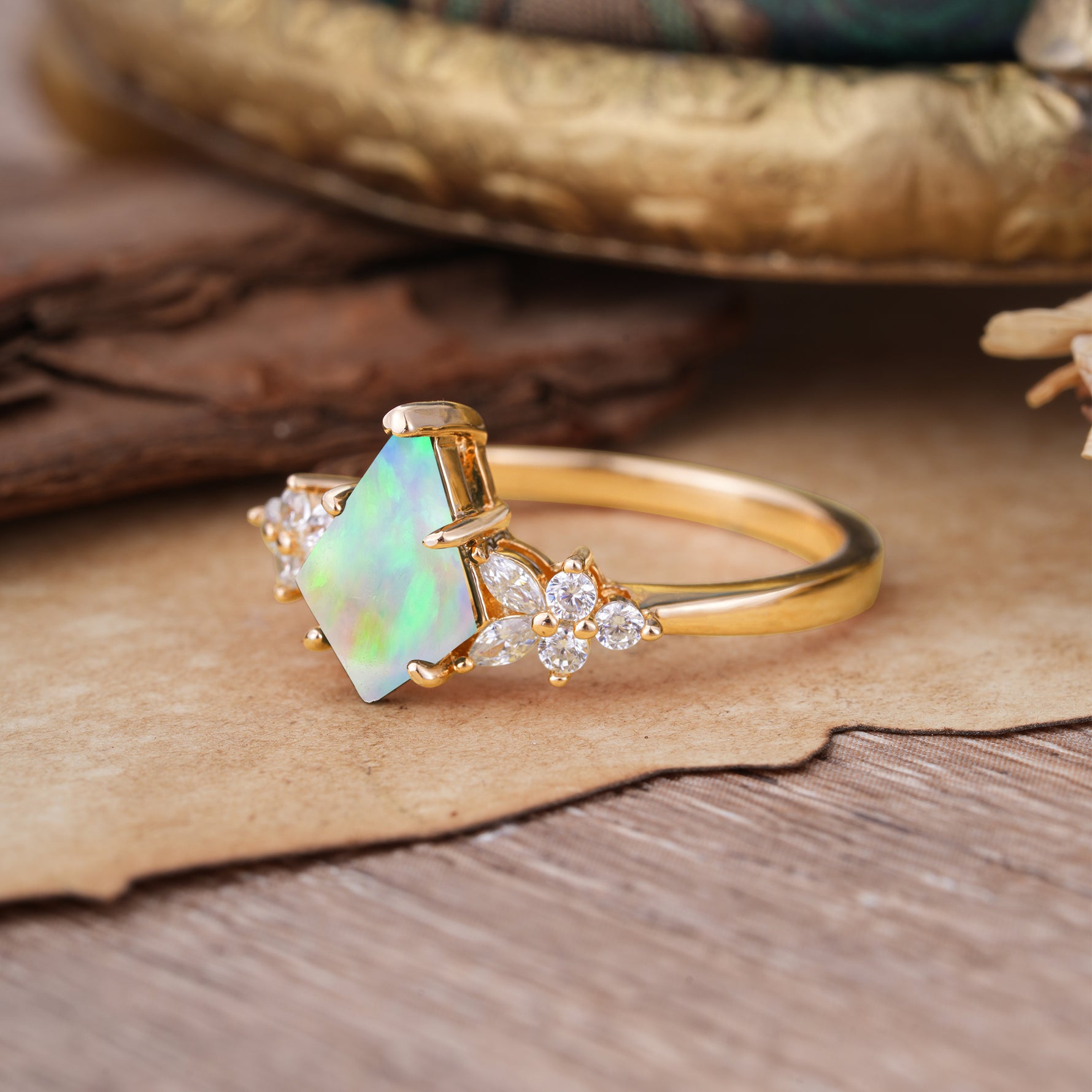 Blossom Kite Cut 2 Carat Fire Opal Ring Nature Inspired Cluster Leaf Ring     - Additional view