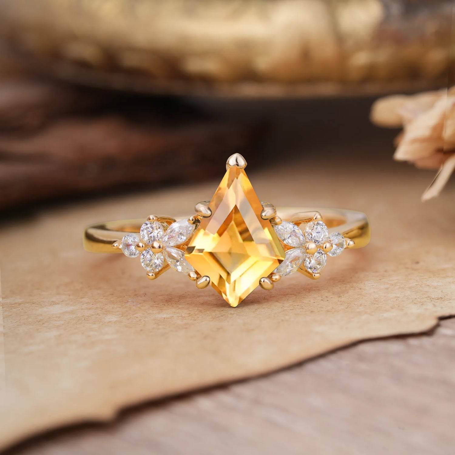 Blossom Kite Cut 2 Carat Citrine Engagement Ring Nature Inspired Cluster Leaf Ring