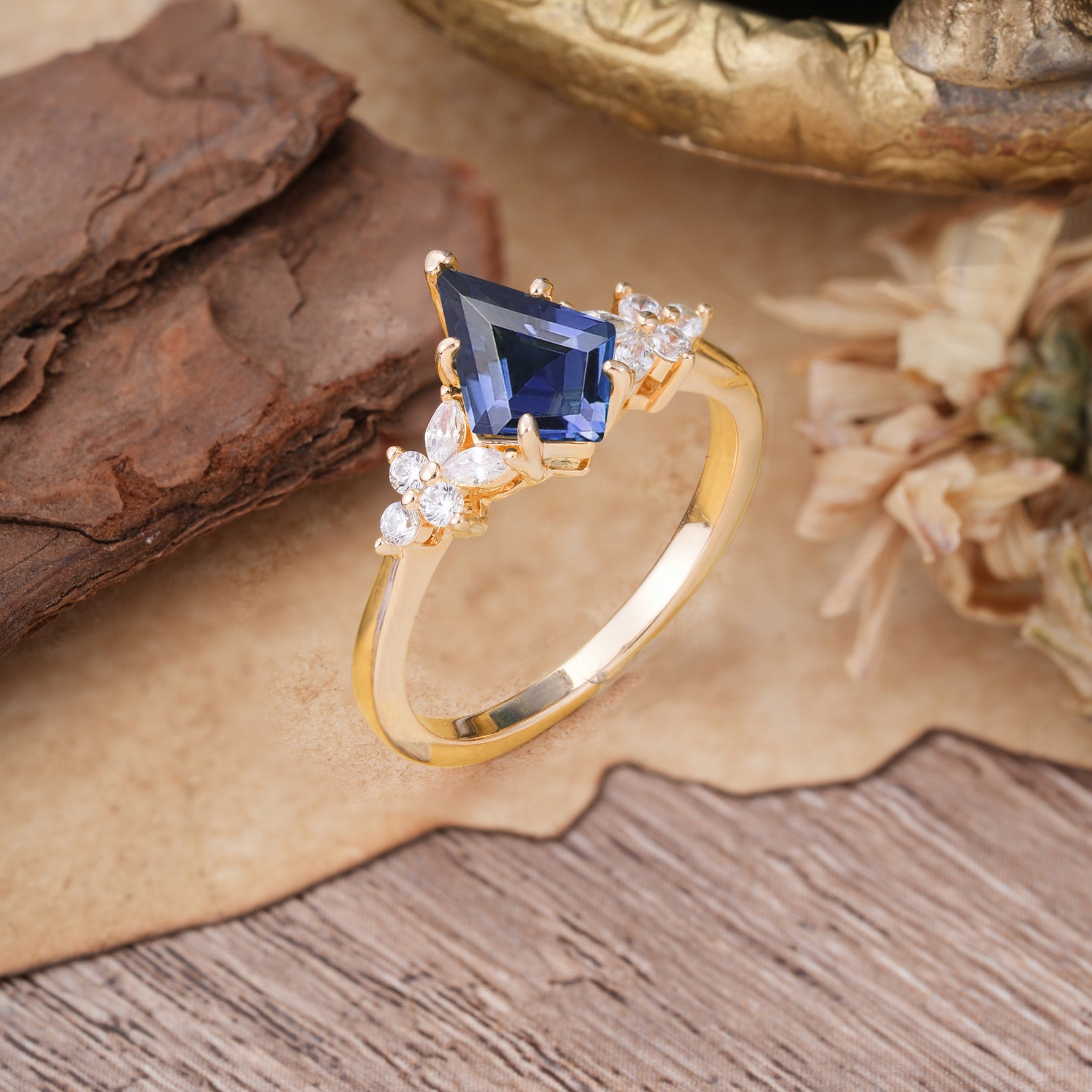 Blossom Kite Cut 2 Carat Tanzanite Ring Nature Inspired Cluster Leaf Ring     - Additional view