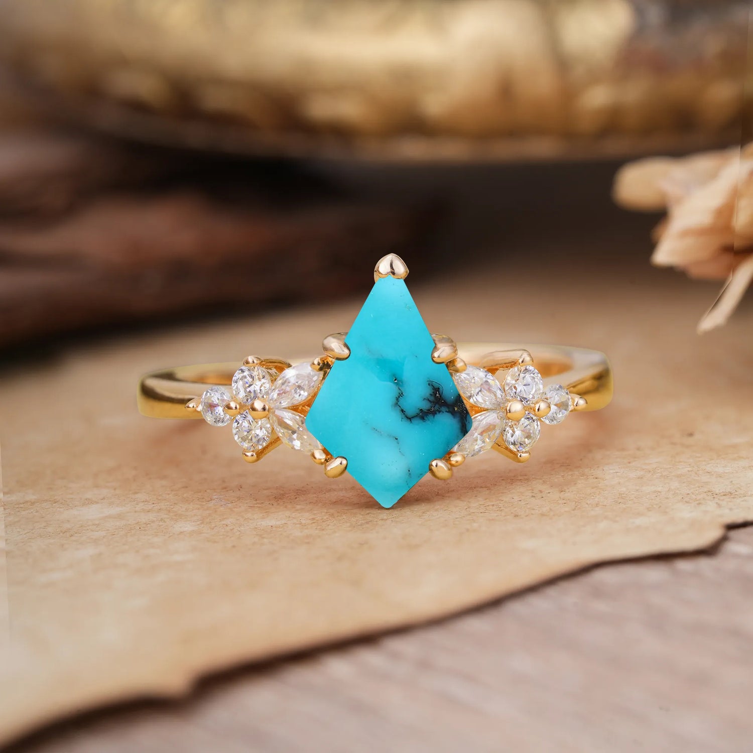 Blossom Kite Cut 2 Carat Turquoise Engagement Ring Nature Inspired Cluster Leaf Ring