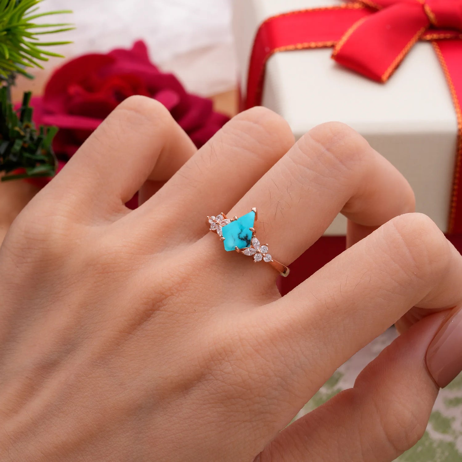 Blossom Kite Cut 2 Carat Turquoise Engagement Ring Nature Inspired Cluster Leaf Ring