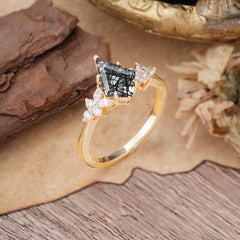 Blossom Kite Cut 2 Carat Black Rutilated Quartz Ring Nature Inspired Cluster Leaf Ring