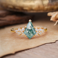 Blossom Kite Cut 2 Carat Moss Agate Ring Nature Inspired Cluster Leaf Ring