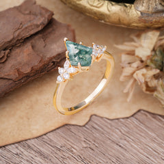 Blossom Kite Cut 2 Carat Moss Agate Ring Nature Inspired Cluster Leaf Ring