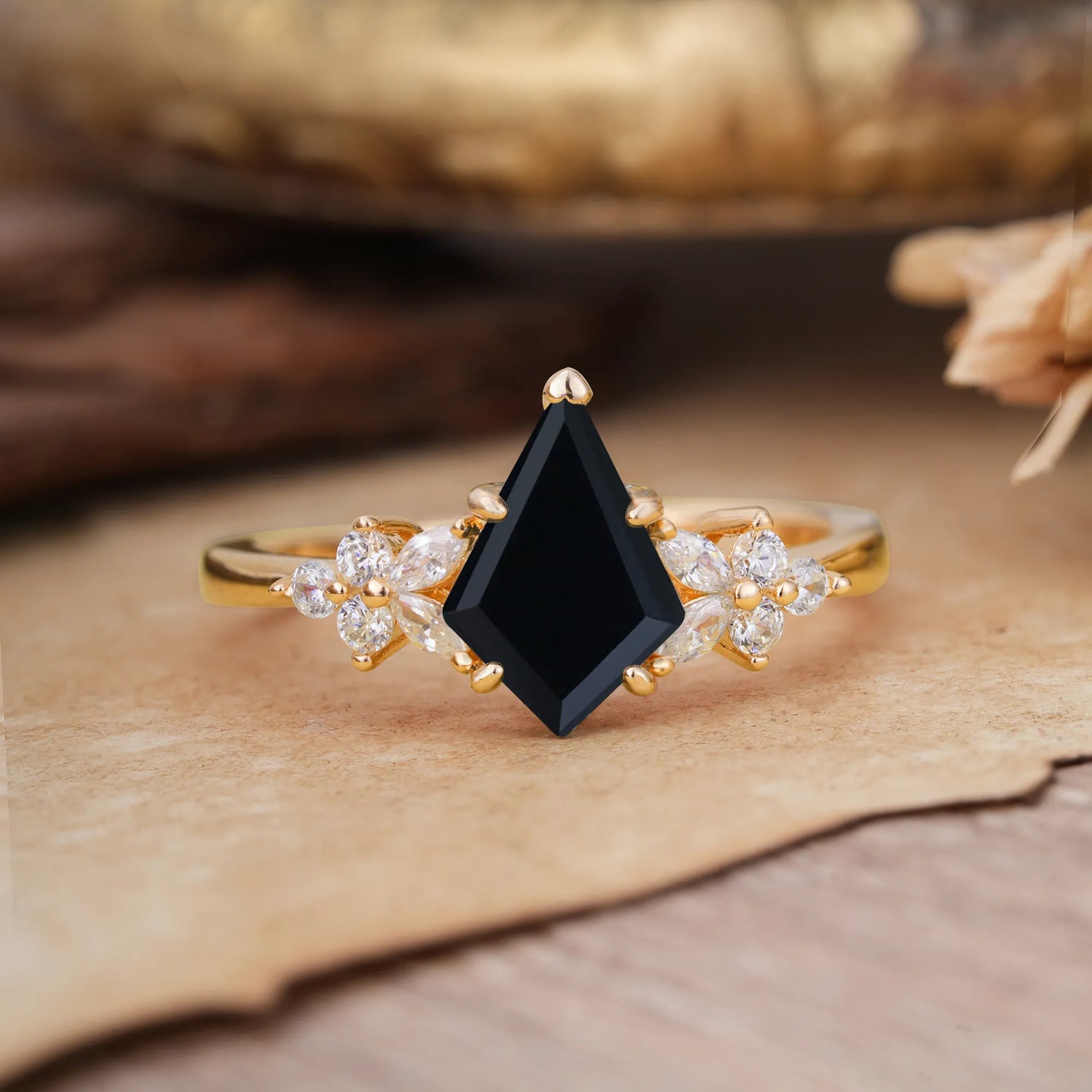 Blossom Kite Cut 2 Carat Black Onyx Engagement Ring Nature Inspired Cluster Leaf Ring