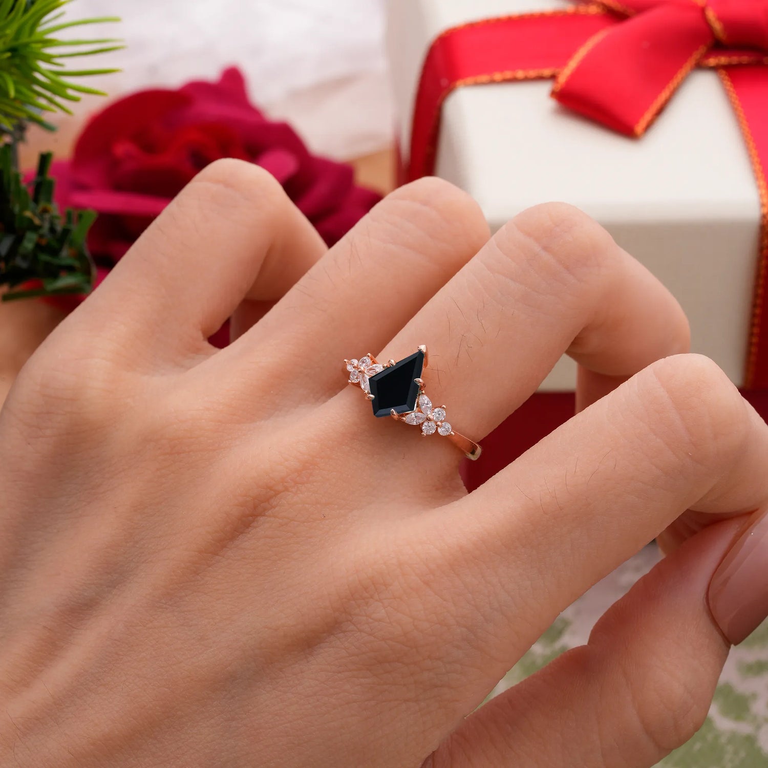 Blossom Kite Cut 2 Carat Black Onyx Engagement Ring Nature Inspired Cluster Leaf Ring