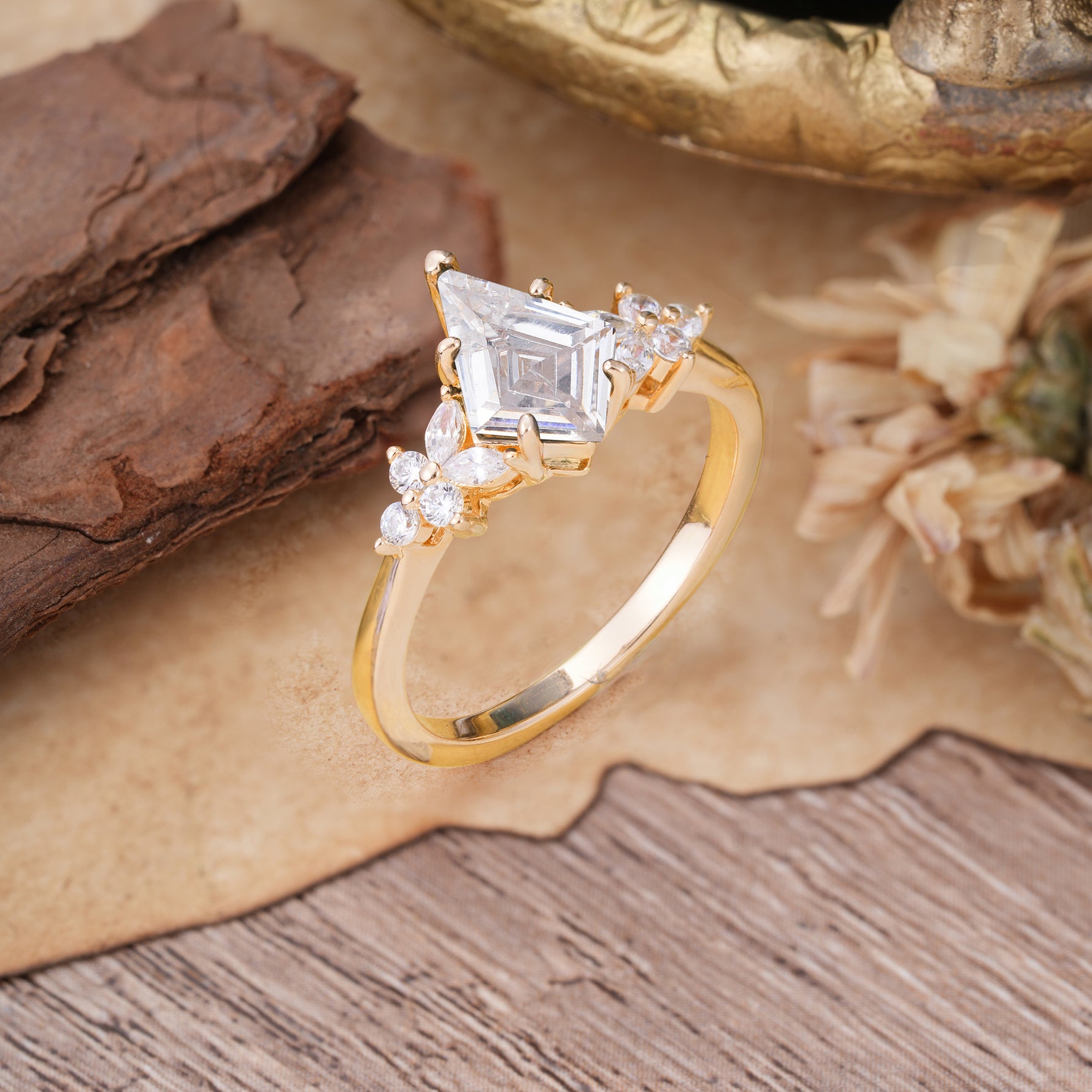 Blossom Kite Cut 2 Carat Lab Diamond Ring Nature Inspired Cluster Leaf Ring     - Additional view