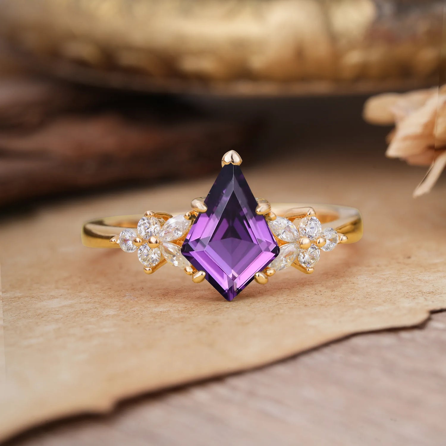 Blossom Kite Cut 2 Carat Amethyst Engagement Ring  Nature Inspired Cluster Leaf Ring