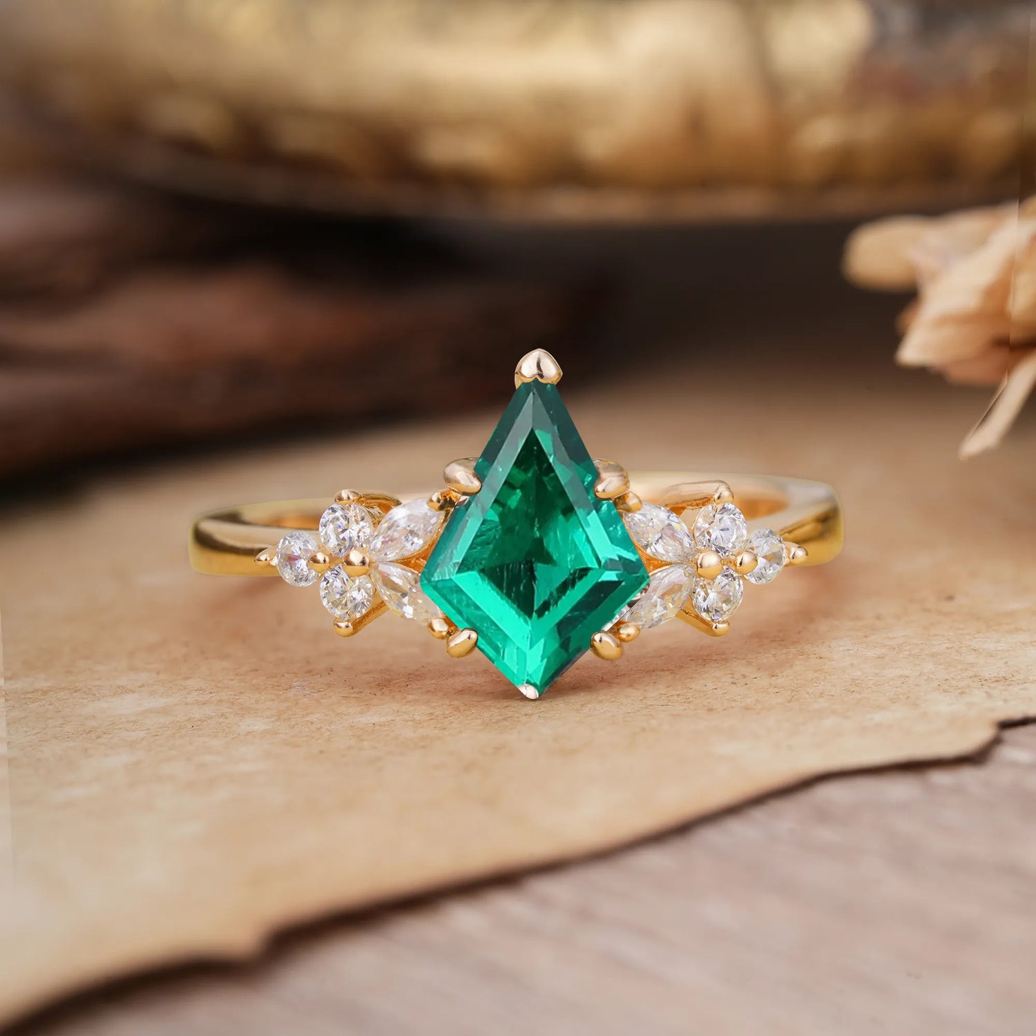 Blossom Kite Cut 2 Carat Emerald Engagement Ring Nature Inspired Cluster Leaf Ring