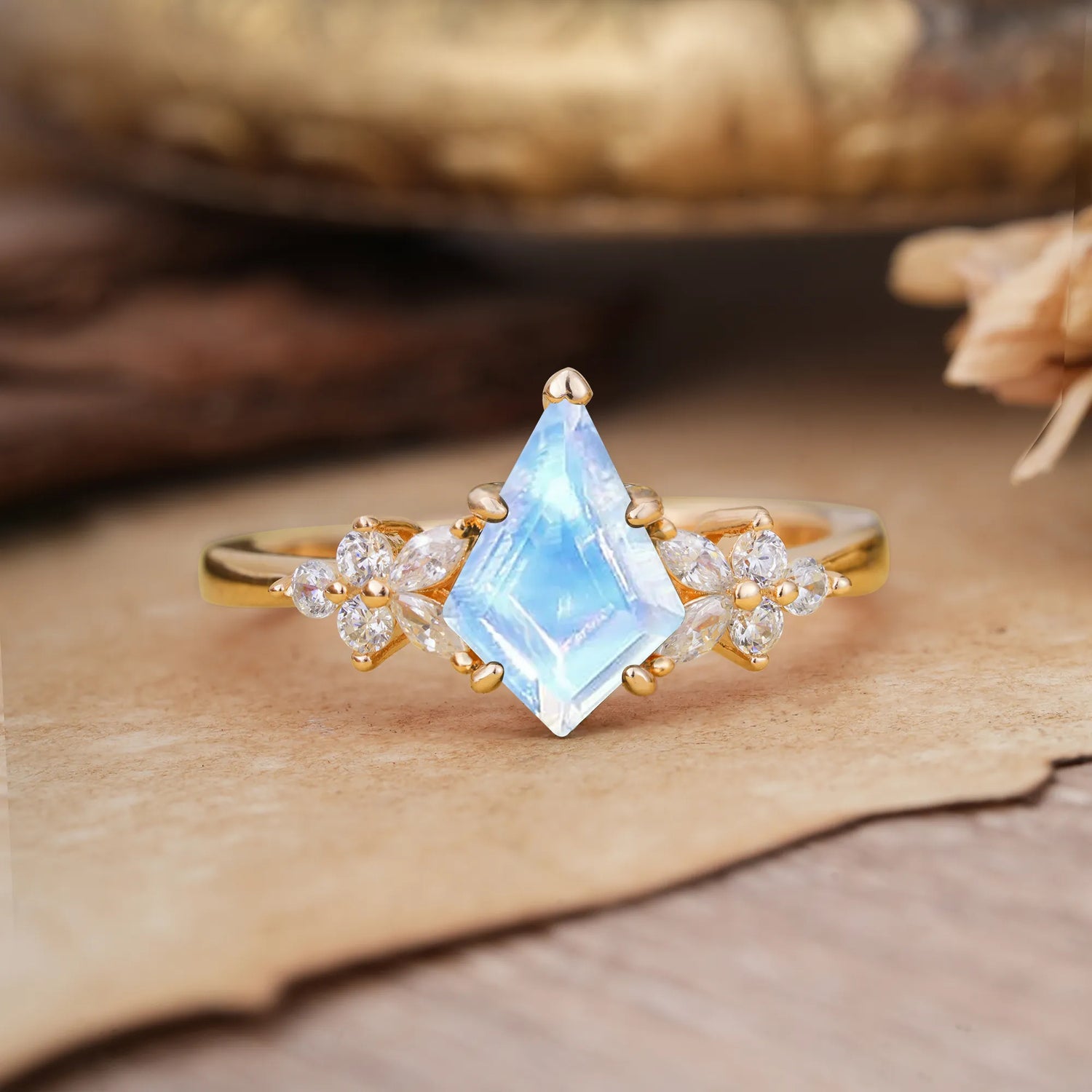 Blossom Kite Cut 2 Carat Moonstone Ring Nature Inspired Cluster Leaf Ring