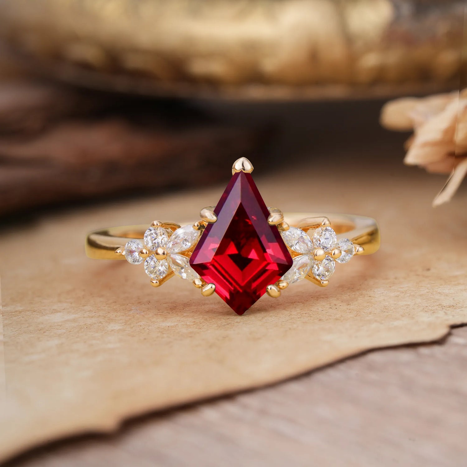 Blossom Kite Cut 2 Carat Ruby Engagement Ring Nature Inspired Cluster Leaf Ring