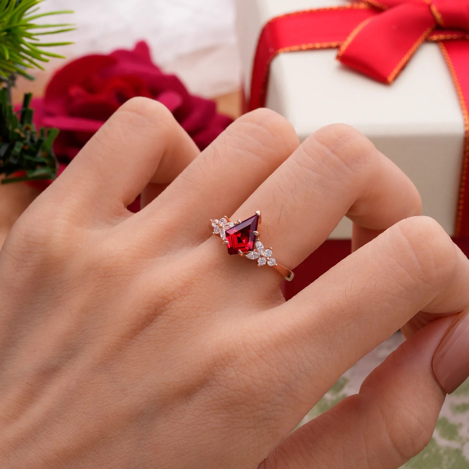 Blossom Kite Cut 2 Carat Ruby Engagement Ring Nature Inspired Cluster Leaf Ring