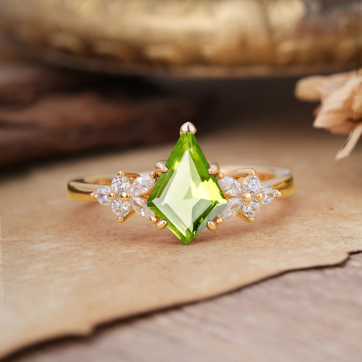 Blossom Kite Cut 2 Carat Peridot Engagement Ring Nature Inspired Cluster Leaf Ring
