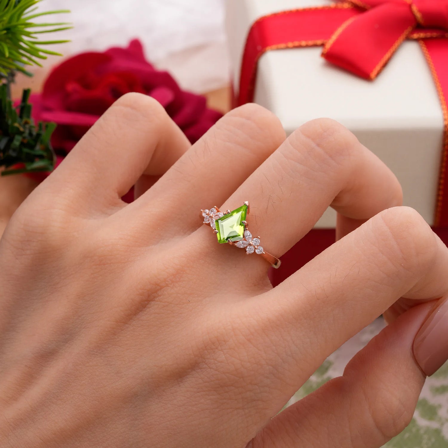 Blossom Kite Cut 2 Carat Peridot Engagement Ring Nature Inspired Cluster Leaf Ring
