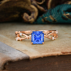 Princess Cut 1 Carat 4 prong Sapphire Engagement Ring Nature Inspired Twisted Infinity Leaf Ring