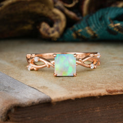 Princess Cut 1 Carat Opal Engagement Ring Nature Inspired Twisted Infinity Leaf Ring