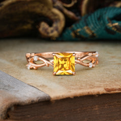 Princess Cut 1 Carat Citrine Engagement Ring Nature Inspired Twisted Infinity Leaf Ring