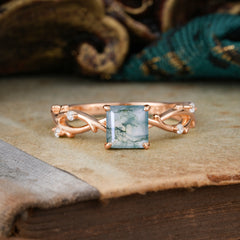 Princess Cut 1 Carat Moss Agate Engagement Ring Nature Inspired Twisted Infinity Leaf Ring