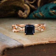 Princess Cut 1 Carat Black Onyx Engagement Ring Nature Inspired Twisted Infinity Leaf Ring