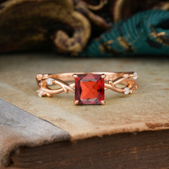 Princess Cut 1 Carat Garnet Engagement Ring Nature Inspired Twisted Infinity Leaf Ring