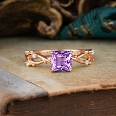 Princess Cut 1 Carat Amethyst Engagement Ring Nature Inspired Twisted Infinity Leaf Ring