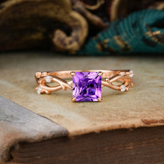 Princess Cut 1 Carat Amethyst Engagement Ring Nature Inspired Twisted Infinity Leaf Ring