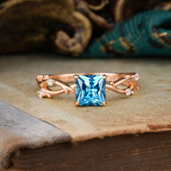 Princess Cut 1 Carat Aquamarine Engagement Ring Nature Inspired Twisted Infinity Leaf Ring