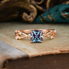 Princess Cut 1 Carat Alexandrite Engagement Ring Nature Inspired Twisted Infinity Leaf Ring