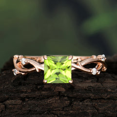 Princess Cut 1 Carat Peridot Engagement Ring Nature Inspired Twisted Infinity Leaf Ring