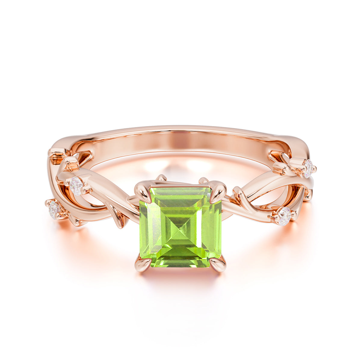 Princess Cut 1 Carat Peridot Engagement Ring Nature Inspired Twisted Infinity Leaf Ring