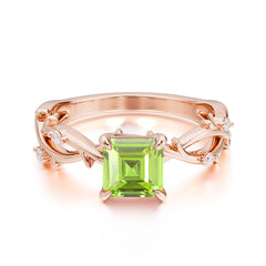 Princess Cut 1 Carat Peridot Engagement Ring Nature Inspired Twisted Infinity Leaf Ring