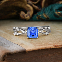 Princess Cut 1 Carat 4 prong Sapphire Engagement Ring Nature Inspired Twisted Infinity Leaf Ring