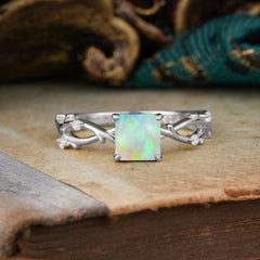 Princess Cut 1 Carat Opal Engagement Ring Nature Inspired Twisted Infinity Leaf Ring