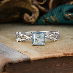 Princess Cut 1 Carat Moss Agate Engagement Ring Nature Inspired Twisted Infinity Leaf Ring