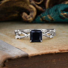 Princess Cut 1 Carat Black Onyx Engagement Ring Nature Inspired Twisted Infinity Leaf Ring