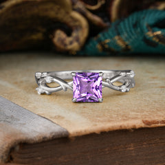 Princess Cut 1 Carat Amethyst Engagement Ring Nature Inspired Twisted Infinity Leaf Ring