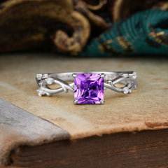 Princess Cut 1 Carat Amethyst Engagement Ring Nature Inspired Twisted Infinity Leaf Ring