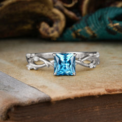Princess Cut 1 Carat Aquamarine Engagement Ring Nature Inspired Twisted Infinity Leaf Ring