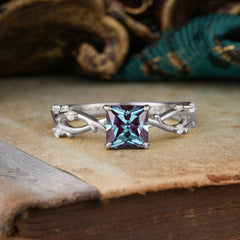 Princess Cut 1 Carat Alexandrite Engagement Ring Nature Inspired Twisted Infinity Leaf Ring