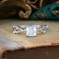 Princess Cut 1 Carat Moonstone Engagement Ring Nature Inspired Twisted Infinity Leaf Ring