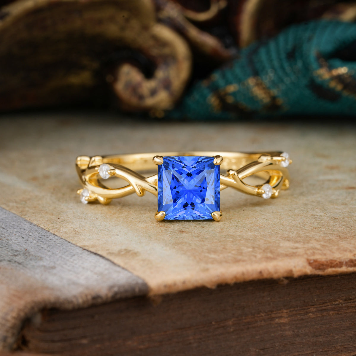 Princess Cut 1 Carat 4 prong Sapphire Engagement Ring Nature Inspired Twisted Infinity Leaf Ring