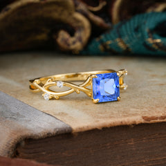 Princess Cut 1 Carat 4 prong Sapphire Engagement Ring Nature Inspired Twisted Infinity Leaf Ring
