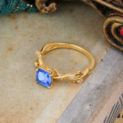 Princess Cut 1 Carat 4 prong Sapphire Engagement Ring Nature Inspired Twisted Infinity Leaf Ring