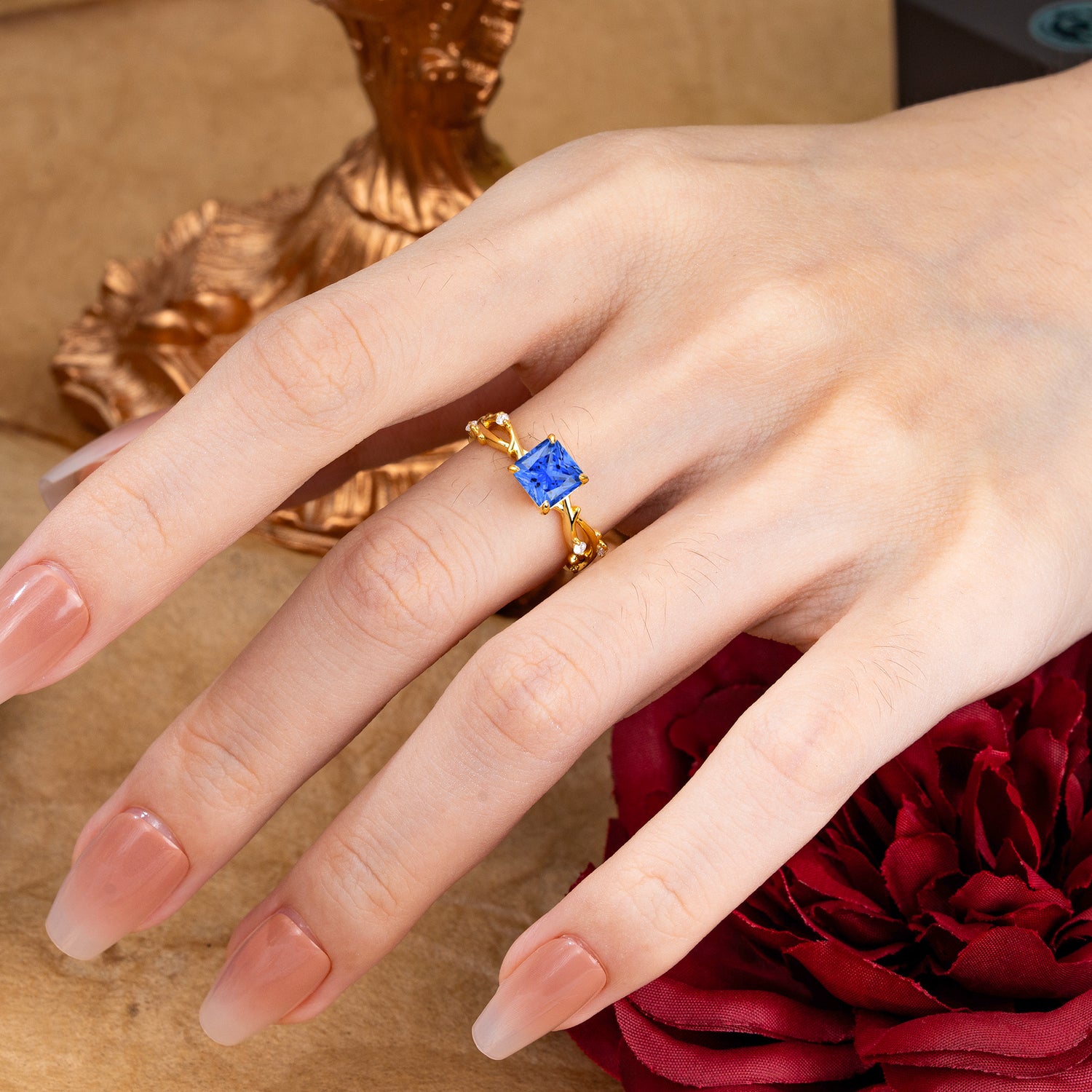 Princess Cut 1 Carat 4 prong Sapphire Engagement Ring Nature Inspired Twisted Infinity Leaf Ring