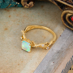 Princess Cut 1 Carat Opal Engagement Ring Nature Inspired Twisted Infinity Leaf Ring