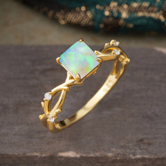 Princess Cut 1 Carat Opal Engagement Ring Nature Inspired Twisted Infinity Leaf Ring